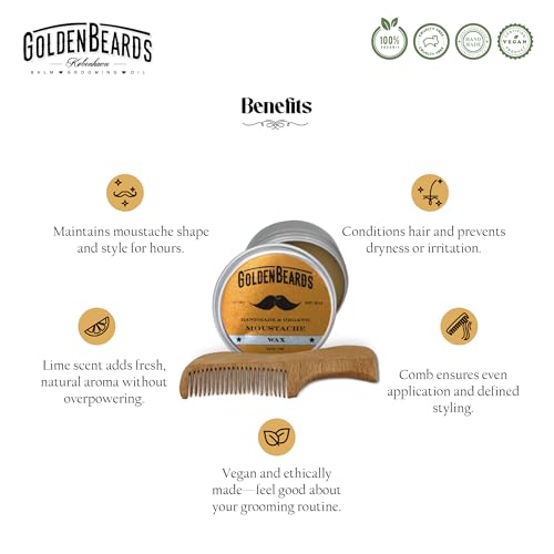 Golden Beards Moustache Wax & Eco Wood Vegan Comb Kit – Medium Hold Wax with Lime Scent & Eco Wood Comb 2.5 in – Handmade, Vegan, Cruelty-Free Moustache Styling Set - style: Eco Wood Vegan Comb