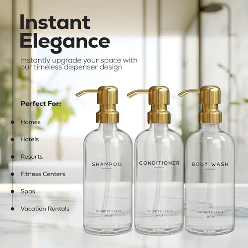 Luxury Shampoo and Conditioner Dispenser Set by Brighter Barns - Shampoo Conditioner Body Wash Dispenser - Refillable Plastic Shower Bottles for Gold Bathroom Decor, Airbnb, Spa, Hotel (Clear/Gold) - color: Clear Gold