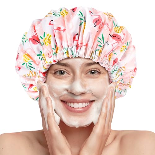 Shower Cap for Women Terry Lined Bath Cap Large Reusable Waterproof Elastic Band Pink Flamingo Shower Caps for Long Thick Hair Soft Bath Shower Hair Caps - color: Pink Flamingo