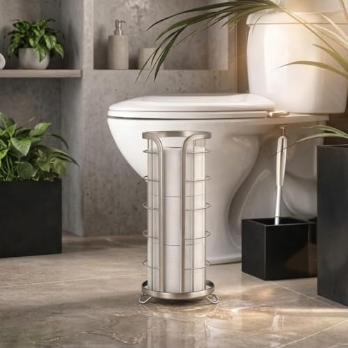 BROOKSTONE Toilet Paper Holder Stand Reserve - Free Standing Toilet Paper Stand with Storage that Holds Mega Rolls, Standing Bathroom Tissue Organizer, Bathroom Decor - Modern Storage Holder, Nickel - color: Nickel