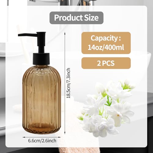 2 Pack 14oz Amber Glass Soap Dispenser with Black Pump – Refillable for Hand Soap, Dish Soap, Lotion, Suited for Kitchen, Bathroom & Laundry Room (Brown) - color: Brown
