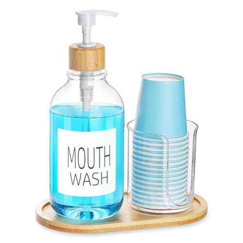 Mouthwash Dispenser with Cup Holder, Plastic Mouth Wash Pump Bottle with Tray for Bathroom Organizers, 17oz Refillable Clear Mouthwash Container - Bamboo - color: Group a - Clear