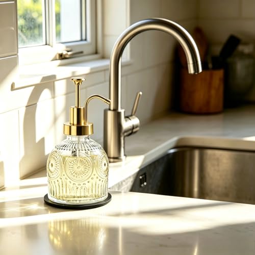 SheeChung 8 Oz Vintage Glass Soap Dispenser Bathroom, Kitchen Dish Soap Dispenser with Pump, Refillable Hand Soap Dispenser, Antique Liquid Lotion Bottle, Farmhouse Decor (Clear-Gold Pump, 2 Pack) - color: Clear-gold Pump-2 Pack