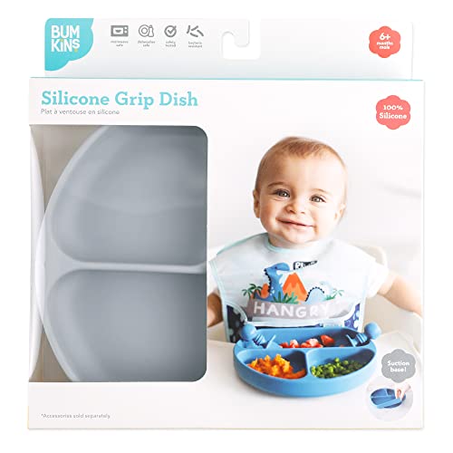 Bumkins Toddler and Baby Suction Plate, Divided Grip Dish for Babies and Kids, Baby Led Weaning, Feeding Supplies, Sticks to Tables and Highchairs, Platinum Silicone, for Chidren 6 Months, Gray - color: E2 Gray-GD