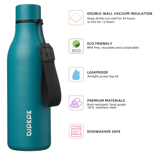 BJPKPK Insulated Water Bottles, 18 oz Stainless Steel Metal Water Bottle with Strap, BPA Free Leak Proof Jugs, Mugs, Flasks, Reusable Thermal Flasks for Sports & Travel, Lake Blue - color: Lake Blue, size: 18 Ounces, style: 18oz