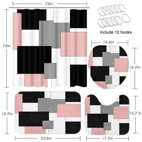 Pink Geometric Shower Curtain Set with Toilet Lid Cover and Non-Slip Rugs for Bathroom, Grey Black White Checkered 4 Pcs Shower Curtain, Abstract Modern Bathroom Set with 12 Hooks - color: Abstract Geometric Pink