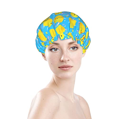 Yellow Rubber Ducks Shower Cap For Women Adjustable Double Waterproof Layers Bathing Shower Hat Hair Protection Reusable Ladies Spa Salon Shower Hat - color: Yellow Rubber Ducks