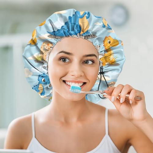 Luxury Shower Cap Silk Satin Lined Waterproof Reusable Adjustable Elastic Dry Hair Bathing Caps Cute for Women Girls-Dinosaur - color: C-18-Dinosaur