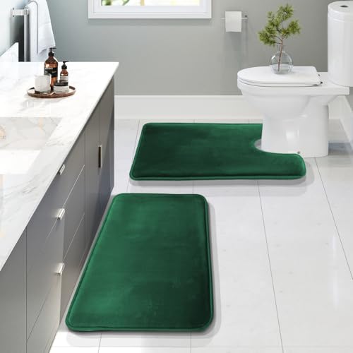 Clara Clark Bathroom Rugs, Velvet Memory Foam Bath Mat, Non-Slip Bath Rugs, Machine Wash, Dries Quickly, Ultra Soft Plush Bath Mats for Bathroom, - color: Hunter Green, style: 20 x 32 + Contour