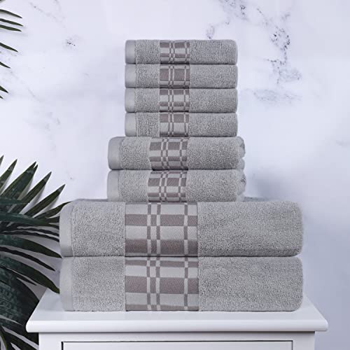 Superior 8-Piece Cotton Towel Set, Geometric Design, Dobby Border, Plush Quick Dry Towels, Decorative Bathroom, Spa, Includes 2 Bath, 2 Hand, 4 Face Towels/Washcloth, Larissa Collection, Chrome - color: Chrome, size: 8 Piece Towel Set