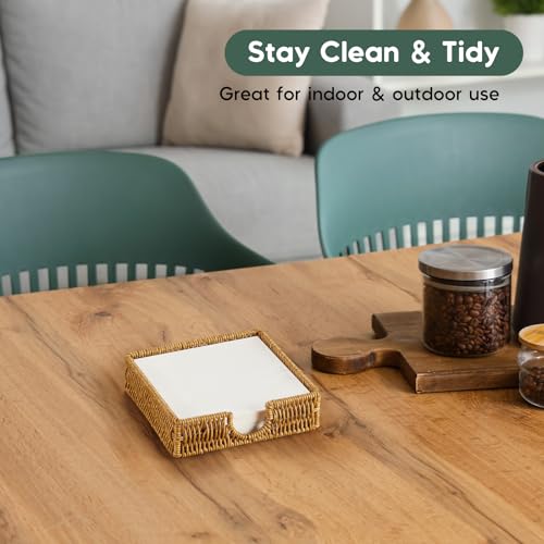 Napkin Holder for Table, Woven Wicker Synthetic Rattan Napkin Holders For Paper Napkins, Napkin Holders for Kitchen Dinner Table Boho Decor and Accessories, Square Napkin Basket and Serving Tray - color: Khaki, size: 7.2"L x 7.2"W x 2.2"H