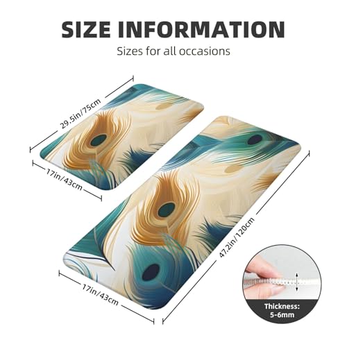 Peacock Blue Feather Pattern Kitchen Rugs Mats Set of 2 Pcs Non-Slip Floor Mats Washable Runner Rugs Set for Bathroom Laundry Hallway Kichen Comfort Standing Mat - color: Peacock Blue Feather Pattern