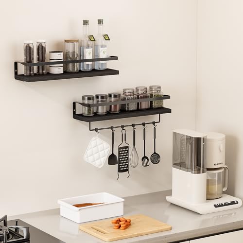 Bathroom Shelves with Towel Bar, Wood &Metal Frame, 2 Pack(Black) | Floating Shelves for Bathroom, Kitchen, Living Room, Bedroom - color: Black