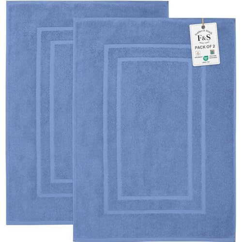 Feather & Stitch 2 Piece Towel Like Bath Mats (30x21 Inch) 100% Cotton Terry Bath Mats, Bathroom Shower Floor Mats [NOT A Bathroom Rug], Soft Absorbent Washable Mats - Faded Denim - color: Faded Denim