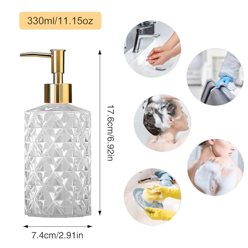 Crystal Glass Soap Dispenser, 330ml/11oz. Clear Glass Lotion Soap Dispenser with Gold Pump, Crystal Design Reusable Hand Soap Dispenser for Kitchen Dish Soap, Shower Gel, Shampoo(Gold Plating Pump) - color: White&gold
