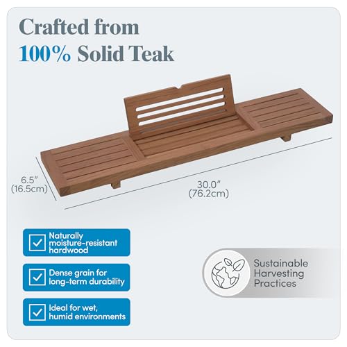 AquaTeak 30" Manada Teak Bathtub Tray Caddy - Durable, Water-Resistant Bath Tray for Tub with Foldable Book & Tablet Stand - Fits Standard Soaking Bathtubs - Bathroom Accessories for Spa
