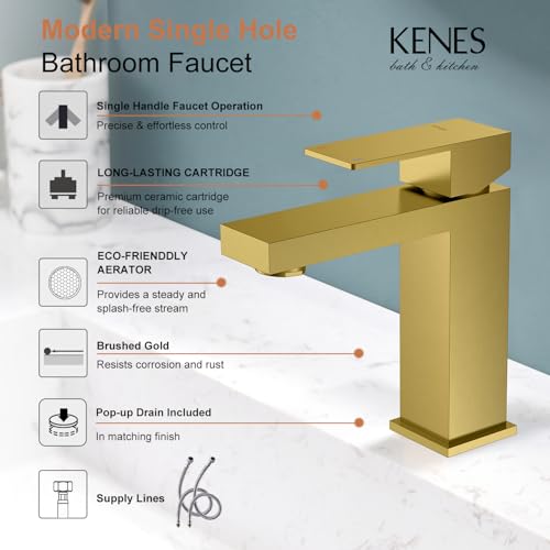 KENES Brushed Gold Bathroom Faucets, Modern Single Hole Lavatory Vanity Faucet, Single Handle Bathroom Sink Faucet Gold, with Pop Up Drain & Water Supply Hoses LJ-9031-4 - color: Gold, size: Short
