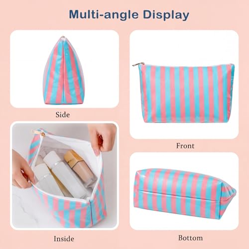 RSRSLEII Large Waterproof Travel Stripe Makeup Bag,Aesthetic PVC Toiletry Bag,Coquette Cosmetic Bag Organizer,Cute Preppy Carry-on Travel Accessories Essentials for Women Girls(02Pink Blue) - color: 02Pink Blue