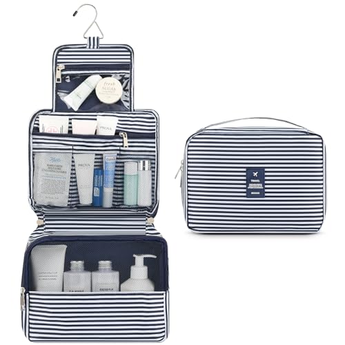 Mossio Hanging Toiletry Bag with Sturdy Hook - Large Portable Cosmetic Makeup Travel Organizer for Men & Women - color: Blue Stripe