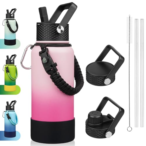 BJPKPK 32oz Insulated Water Bottles with 3 Lids, Paracord Handle & Non-slip Boot, Stainless Steel Metal Water Bottle,Reusable BPA Free Thermal Flasks, Tumblers, Cherry - color: Cherry, size: 32 Ounces