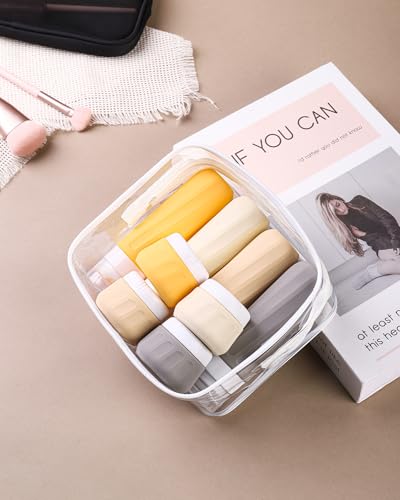 Mrsdry Travel Size Toiletries 8 Pack, TSA Approved 3oz/1oz Silicone Squeezable Creams Jars with Clear Travel Bag - color: Golden wheat field, size: 3oz bottle 1oz jar