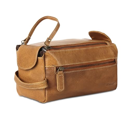 KomalC Premium Buffalo Leather Toiletry Bag for Men & Women With Water resistant Lining, Grooming Travel Pouch, Unisex Wash Bag for Toiletries, Gifts for Men and Women - color: Distressed Yellow Tan