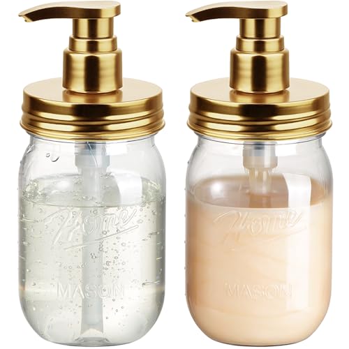 Amolliar Plastic Mason Jar Soap Dispenser with Pump Lid,16OZ Refillable BPA-Free Hand Soap Dispenser Set with Cute Lables - for Kitchen/Bathroom, Liquid Soap, Dish Soap, Lotion (2 Pack, Gold) - color: Gold