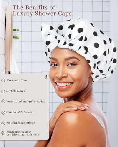 2Pcs Shower Caps for Women Shower Cap Reusable Waterproof Hair Cap for Shower with Adjustable Bowknot Luxury Bath Cap for Women (Black Dot & Pink Dot) - color: Black Dot & Pink Dot
