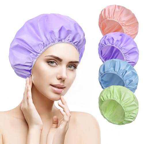 12 PCS Shower Caps for Women, Double Side Waterproof Shower Cap, Reusable Elastic Bath Caps for Shower, EVA Bathing Shower Caps, Bath Hair Caps - (Purple+Pink+Blue+Green) - color: Set A - Purple+Pink+Blue+Green