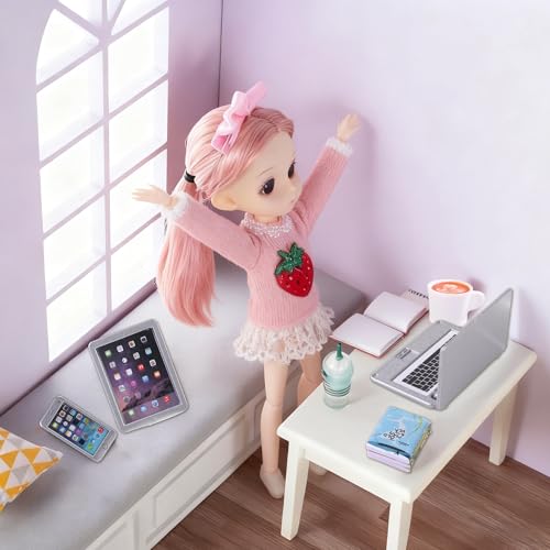 DIYDEC 17pcs Dollhouse Laptop Accessories 1:12 Scale Miniature Laptop Computer Tablet Phone Book Coffee Headset Pen Tiny Stuff Doll House Miniatures Play Figurines Accessories - color: Dollhouse Laptop Set