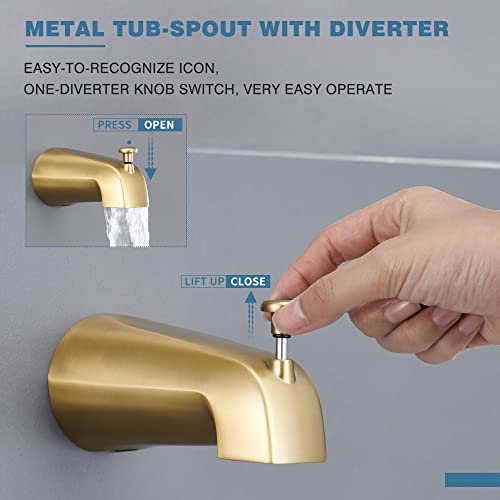 Esnbia Shower Tub Kit, Tub and Shower Faucet Set（Valve Included) with 6-Inch Rain Shower Head and Tub Spout, Single-Handle Tub and Shower Trim Kit,Brushed Gold - color: Brushed Gold, style: with tub spout