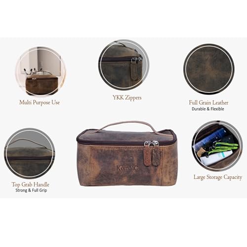 KomalC Leather Toiletry Bag For Men & Women, Handcrafted Travel Kit, Water-Resistant Shaving Bag For Men Travel, Premium Rustic Toiletry Pouch with Zipper Closure (1 Zip Hunter) - style: 1 Zip Hunter