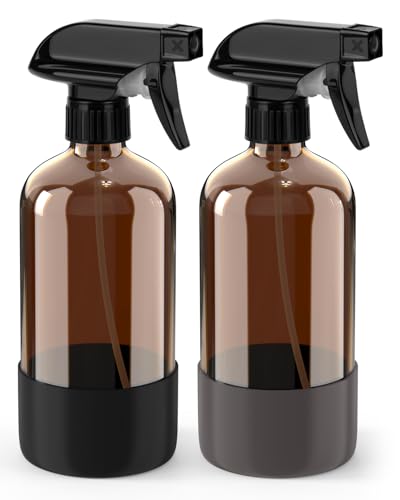 Bontip Glass Spray Bottle with Silicone Sleeve Protection, Amber Glass Spray Bottle Set for Window Cleaner Aromatherapy Facial Hydration Watering Flowers Hair Care 2 Pack/16 oz (Black & Grey, 16 oz) - color: Black & Grey, size: 16 Ounces
