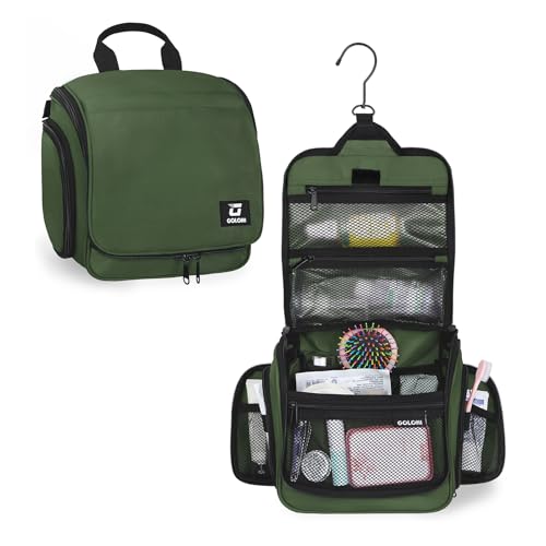 Goloni Hanging Toiletry Bag, 10 Compartments Water-Resistant Makeup Bag with 360° Spinning Metal Hook, Large Travel Cosmetic Organizer for Men & Women, Green (7.05oz) - color: Green