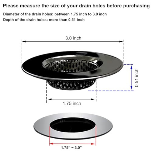 Seatery 1.75" Bathtub Drain Strainers, Shower Drain Hair Catchers, Stainless Steel Drain Filter Cover for Bathroom Laundry Floor Drain, Fit for 1.75"-3.0" Drain Hole Black - size: 1.75 inch