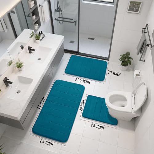 Yimobra 3 Pieces Memory Foam Bath Mat Set with U-Shaped Toilet Rug - Non Slip Super Soft Absorbent Quick Dry Bathroom Rugs for Bathtub, Vanity & Toilet Base, Peacock Blue - color: Peacock Blue, size: 44''x24'' + 31.5''x20'' + 24''x20''