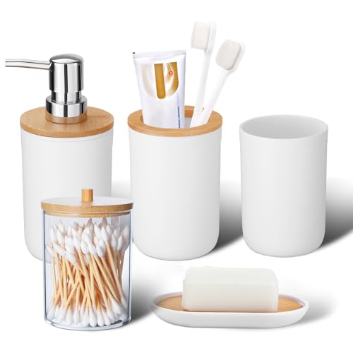 iMucci Bathroom Accessories Set 5Piece White Bathroom Sets, Toothbrush Holder, Toothbrush Cup, Lotion Soap Dispenser, Soap Dish and Qtip Holder Bathroom Decor - style: White