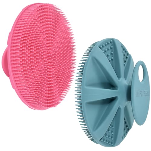 INNERNEED Food-Grade Soft Silicone Body Scrubber Shower Brush Handheld Cleansing Skin Brush, Gentle Exfoliating and Lather Well (Dark Green+Pink) - color: (Set) Dark Green+pink