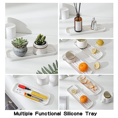MicoYang Silicone Kitchen Sink Organizer Tray for Multiple Usage,Eco-Friendly Sponges Holder for Kitchen Bathroom Counter or Sink,Dish Soap Dispenser,Scrubber,Bottle,Cup (White, 12"×4") - color: White, size: 12" x 4" x 0.7"