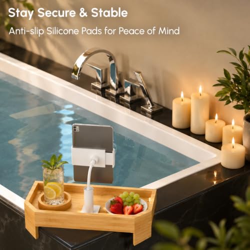 Vespara Bamboo Hot Tub Table with Adjustable Phone Holder, Non Slip Hot Tub Table Spa Gift for Women, Bathtub Canddy Tray with Wine Glass Holder for Luxury Bathtub Bathroom Accessories (Natural) - color: Natural