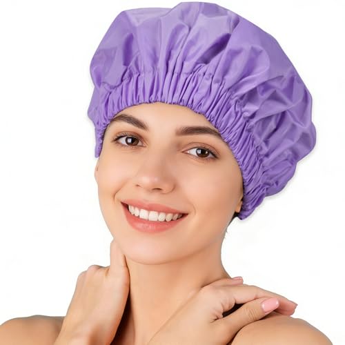 Reusable Shower Cap for Women – Large Waterproof Satin Shower Bonnet for Long, Curly & Braided Hair, Washable Bath Hair Cover, Purple - color: Purple