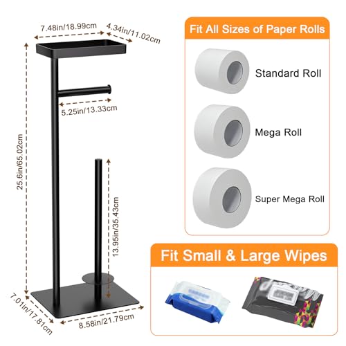 Freestanding Toilet Paper Holder Stand with Storage, Rustproof Metal Bathroom Paper Stand with Weighted Anti-Slip Base, Fits 4 Spare Rolls and Shelf for Phone & Small Items, No Drilling - color: Black-style a
