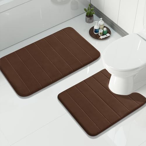 Yimobra Memory Foam Bath Mat Set 2 Piece - Super Soft Absorbent Quick Dry Bathroom Toilet Rugs, Machine Washable Non Slip Floor Carpet for Tub Shower & Single Sink (31.5x20 & 24x20, Brown) - color: Brown, size: 31.5x20+24x20 Inch