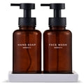 MaisoNovo Glass Foaming Soap Dispenser 14 Oz | Glass Bottles Pumps x 2 Amber with Tray - color: Amber Bottles/Black Plastic Pumps/Ceramic Tray