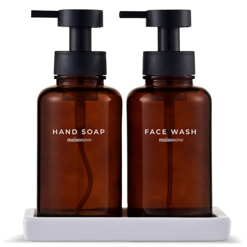 MaisoNovo Glass Foaming Soap Dispenser 14 Oz | Glass Bottles Pumps x 2 Amber with Tray - color: Amber Bottles/Black Plastic Pumps/Ceramic Tray
