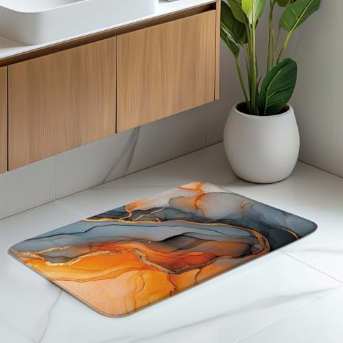 Black Gold Marble Bath Rug, Modern Orange Grey Abstract Marble Floor Mat Non-Slip Microfiber Soft Plush Bathroom Mat Carpets for Bedroom Kitchen Bathroom Toilet 17x29 Inch - color: Orange Gold
