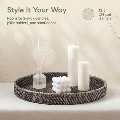 Round Rattan Tray 13.5" — Hand-Woven Wicker Tray for Home Decor (Blackwash) - color: Blackwash, size: 13.5"