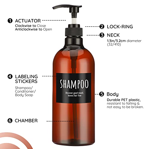 Empty Plastic Bottles with Labels, Segbeauty 33.8oz Large Brown Shampoo Conditioner Reusable Dispenser, 2 Packs of 1000ml Refillable Shower Lotion Pump Press Bottles for Bathroom Hand Soap Body Wash - color: Dark Amber, size: 33.8 oz