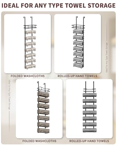 Aetyord Hanging Towel Racks for Bathroom No Drill - Over The Door 8-Tier Bath Towel Storage Organizer for Small Bathrooms - Back Door Large Tiered Towel Holder Hanger for Rolled Towels RV Camper BLACK - color: Black, size: 8 Tier