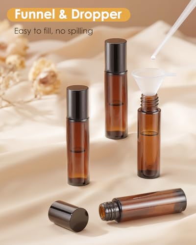 Worldgsb 12 Pack Essential Oil Roller Bottles, 10ml Refillable Amber Glass Roller Bottles with Stainless Steel Roller Balls and Caps for Travel, Perfume and Lip Gloss - color: Amber, style: 12 Pack